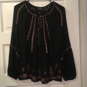 Lucky Brand Sheer Embroidered Peasant Blouse